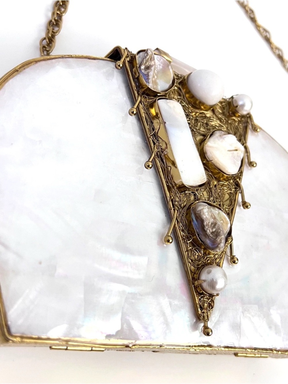Ramla La Perle Gemstone Clutch Bag Mother of Pearl Handmade Gold White NEW - Picture 3 of 11
